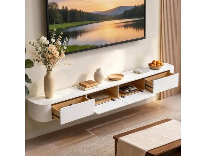 An Der Wand Montierter TV-Ständer Aus Massivholz, Moderner Schwebender TV-Schrank, Schwebende TV-Einheit Für Das Wohnzimmer, Platzsparendes TV-Regal Mit Stauraum, Für Die Wohnzimmerdekoration(Weiß,280