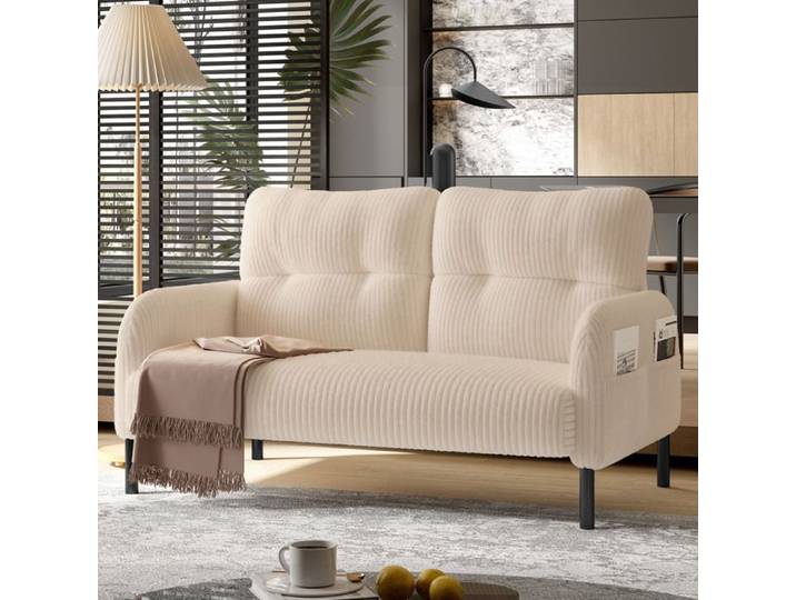 Canape 2 Places En Velours Cotele Beige Canape Fixe Moderne FloraGrace Pour Salon Ou Chambre Avec Poche Laterale 120x75x79cm