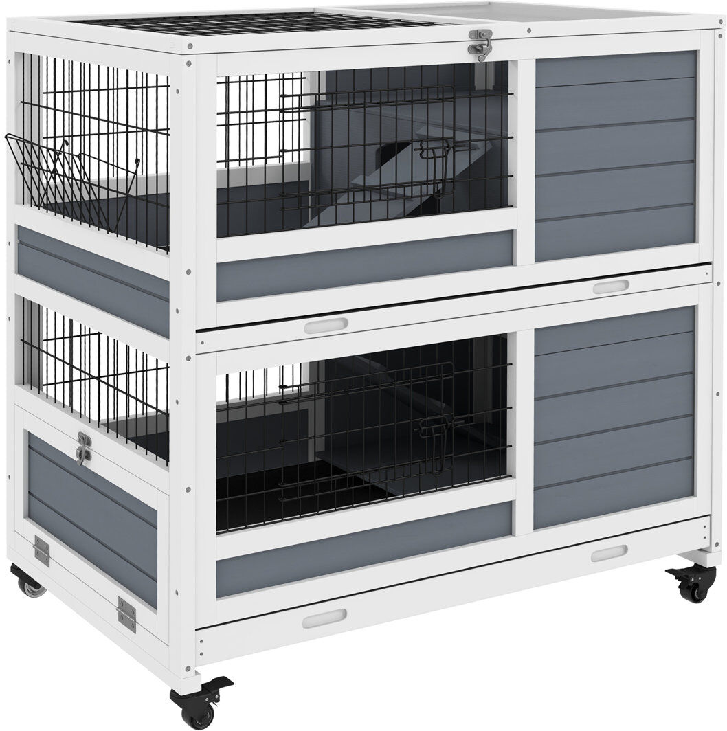 PawHut Rabbit Hutch Indoor Wooden House with Wheels No-Leak Trays Grey Grey 246.38cm H X 228.6cm W X 134.62cm D