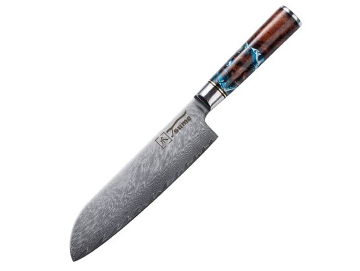 Tsume Santoku Messer Sturm, Klingenlänge 19cm, Echtes Damast Küchenmesser, 67 Schichten VG10 Edelstahlkern mit Sturmigem Kunstharz Handgriff, Rasiermesserscharf