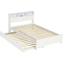 STILVORA Doppelbett Massivholz+MDF Weiß 214x128,5x91,5 cm mit Rollbett, LED-Lichtleiste und Ladebuchse
