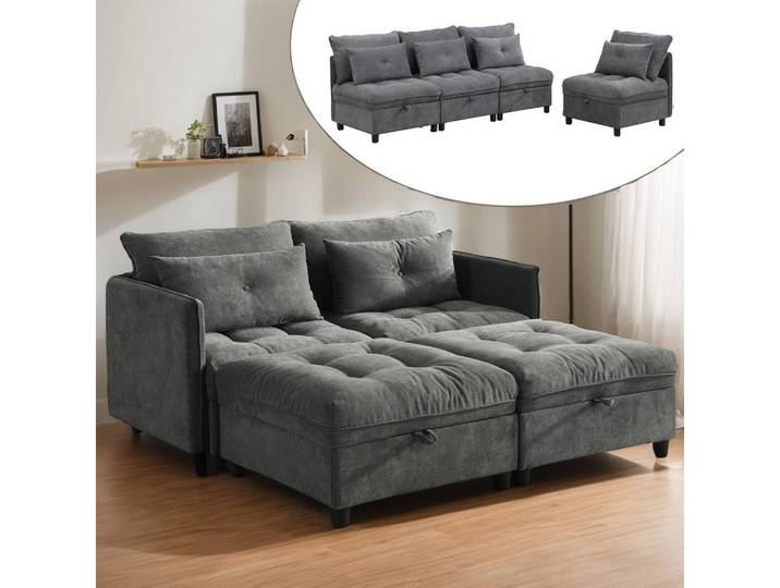 WILLIAMSPACE Sofa Wohnlandschaft mit Schlaffunktion & Stauraum, 4er-Sofa, Chenille, Grau