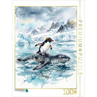 CALVENDO Puzzle Pinguin beim Seeleopard Reiten | 1000 Teile Lege-Größe 64x48cm Foto-Puzzle für glückliche Stunden