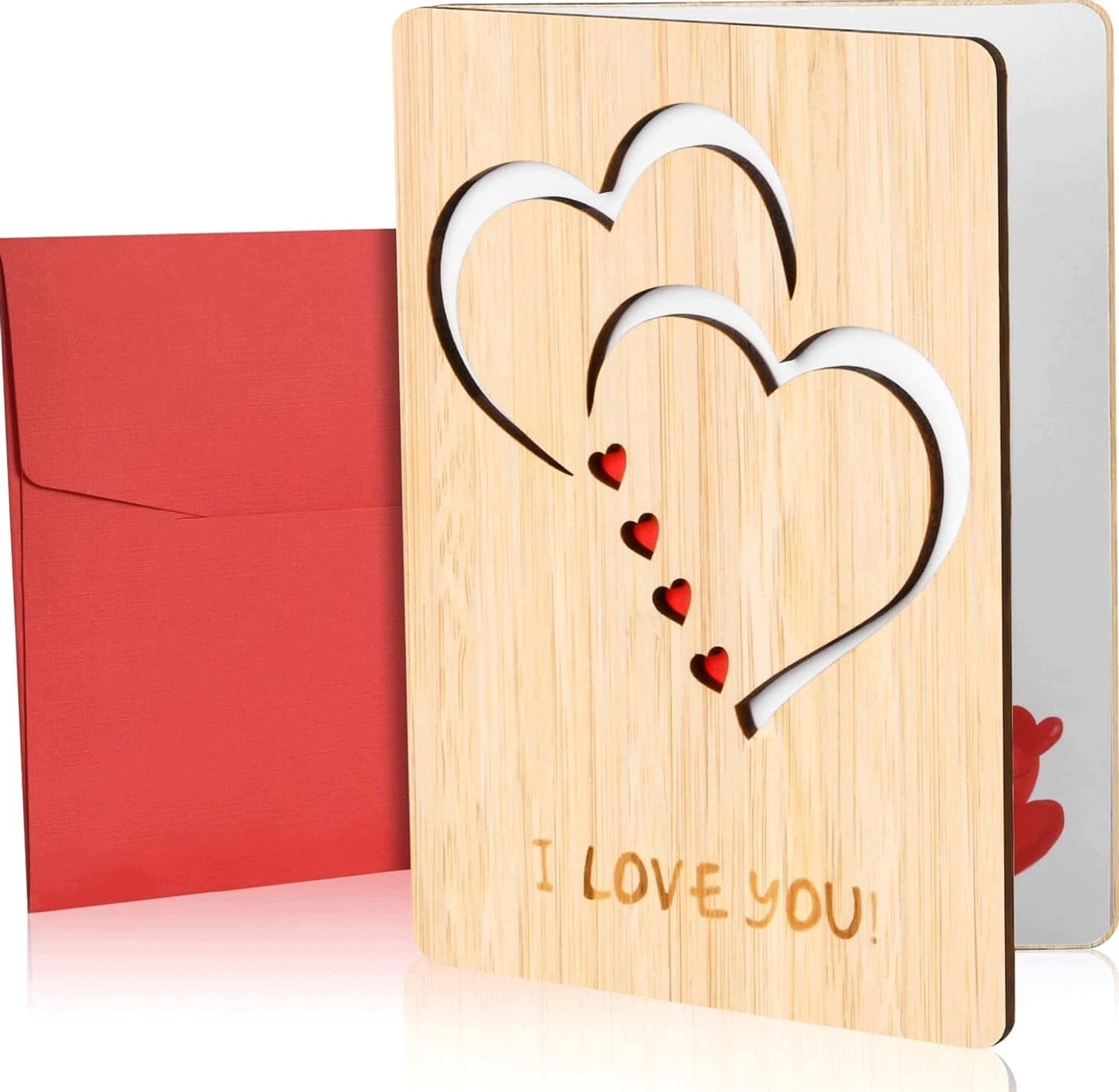 Handgemaakte unieke houten kaart met hart inclusief rode envelop