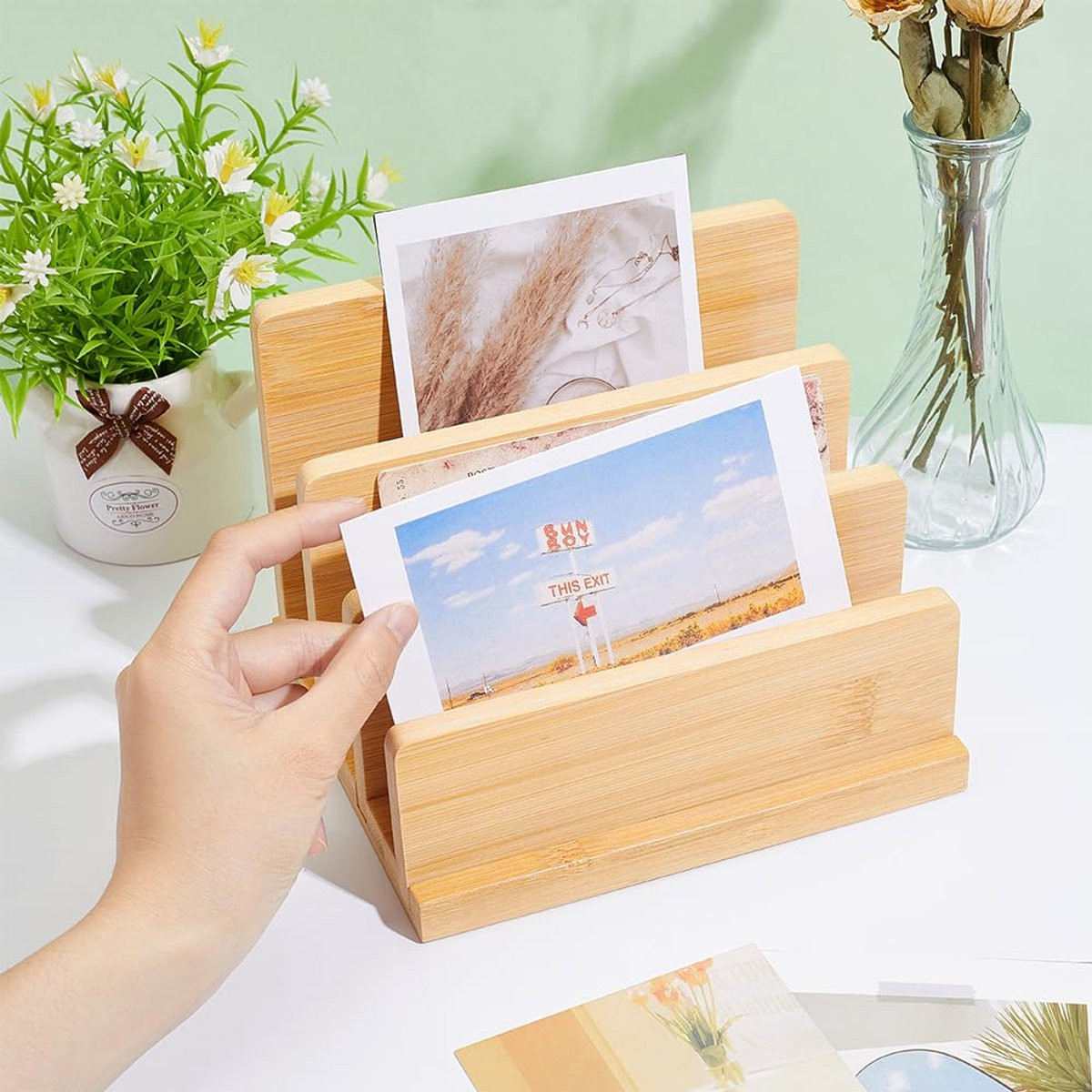 Bamboe Houten Postkaarten Display Stand 4-Tier - Sandy Brown - Literatuur en Brochure Organizer