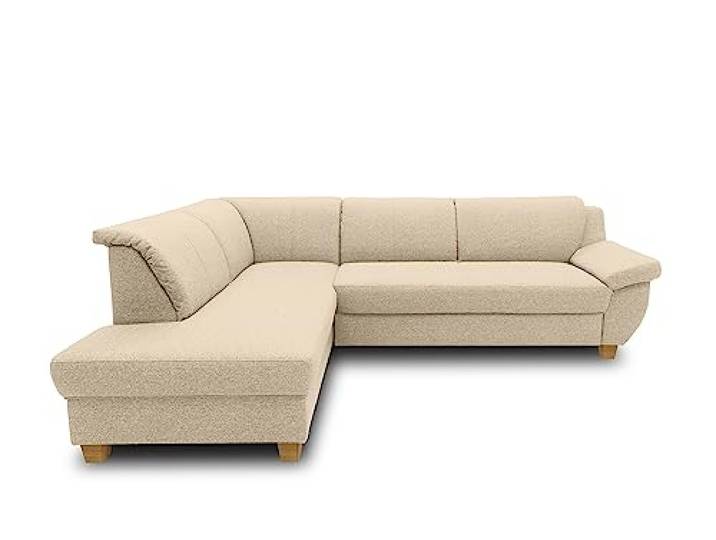 DOMO. collection Ecksofa Panama, gepolsterte Armlehnen, beige Ottomane links mit Holzfuß, klassisches Ecksofa in L-Form für stilvollen Wohnkomfort, 254 x 186 x 80 cm (BxTxH)