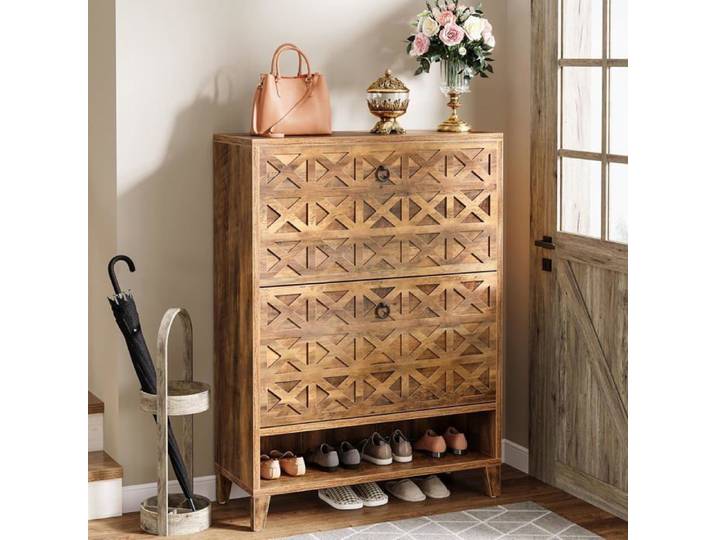 Finmind Meuble à Chaussures avec 2 Tiroirs à Rabat - Meuble de Rangement pour Chaussures - 80 x 24 x 110 cm - Marron