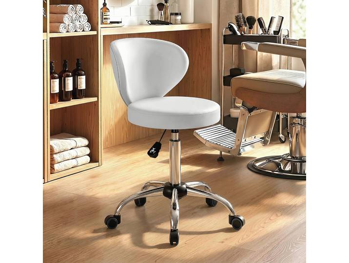 HOMCOM Tabouret Massage PU Blanc Pivotant Dossier Réglable 73-88cm