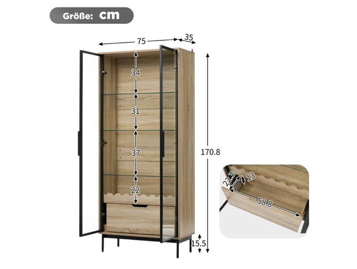 Vitrine haute meuble rangement 2 portes vitrees 75 x 35 x 170 8 cm avec tiroir etageres reglables MDF ORVRYN