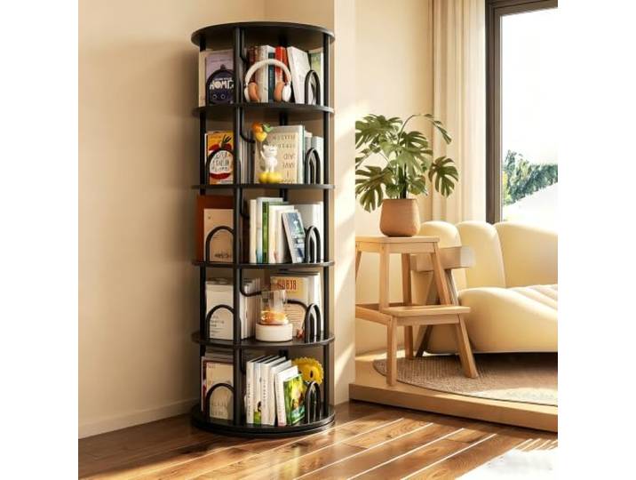 5 Ebenen Drehbares Bücherregal 360 Grad, Bücherregal Holz Schwarz Bodenstehendes ständer Bücherschrank, Aufbewahrungsregal Organisator, für Schlafzimmer Kinderzimmer Wohnzimmer