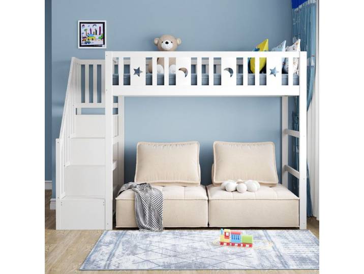 Lit Mezzanine Enfant 90x200cm avec éChelle Lit Enfant Rembourré en Bois Massif Lit 1 Personne avec BarrièRes de SéCurité Blanc