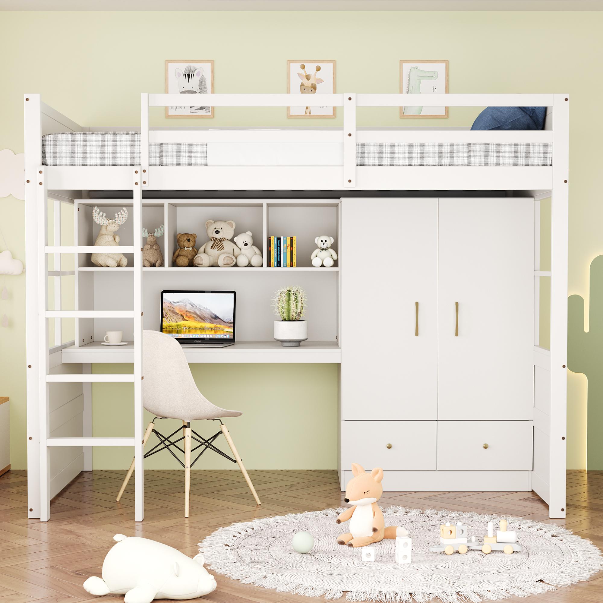 Sweiko Hochbett 90 x 200 cm, Mit Leiter, Mit Schreibtisch mit Stauraum, Mit Kleiderschrank und Schubladen, Kinderbett, Jugendbett, Einzelbett, Weiß