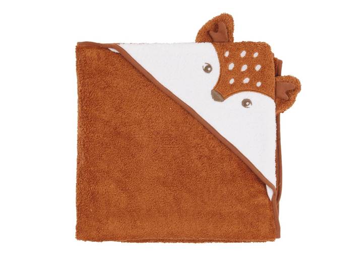 Badeponcho aus Baumwolle mit Reh-Kapuze, braun und beige 100x100cm