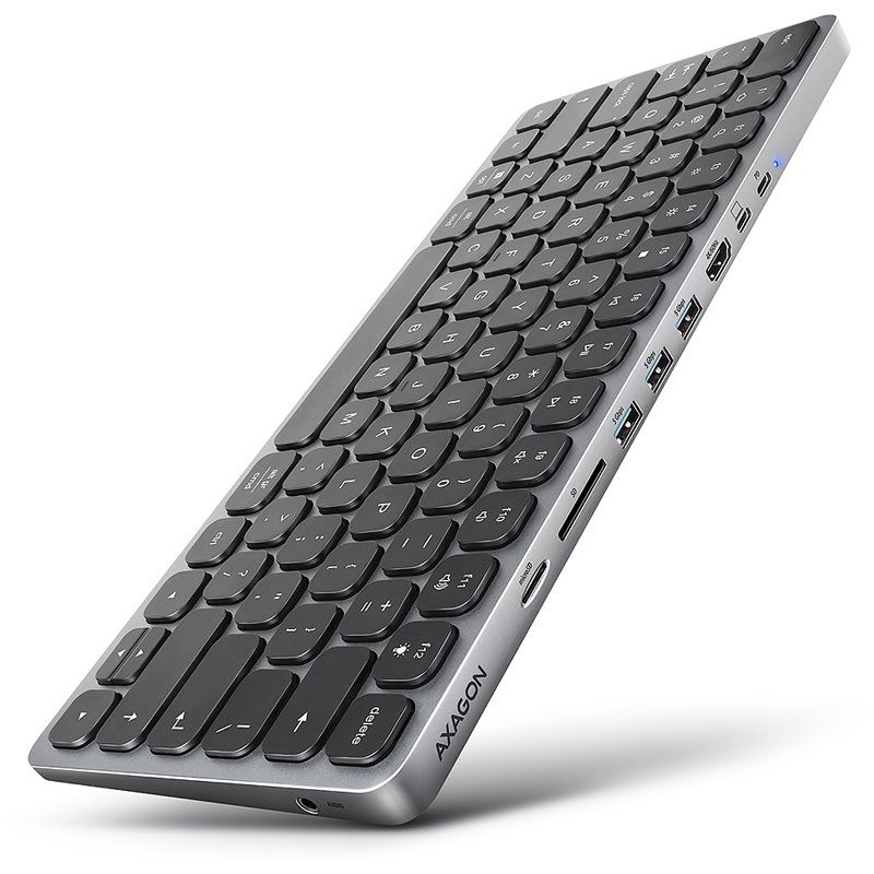 AXAGON HMC-KB keyboard USB-C 5Gbps with HUB, microSD/SD, 3x USB-A, HDMI 4K/60Hz, PD 100W, Audio, US layout