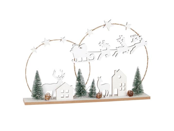 Weihnachtsdeko mit leuchtender Landschaft und Schlitten, beige, gold, grün und schwarz
