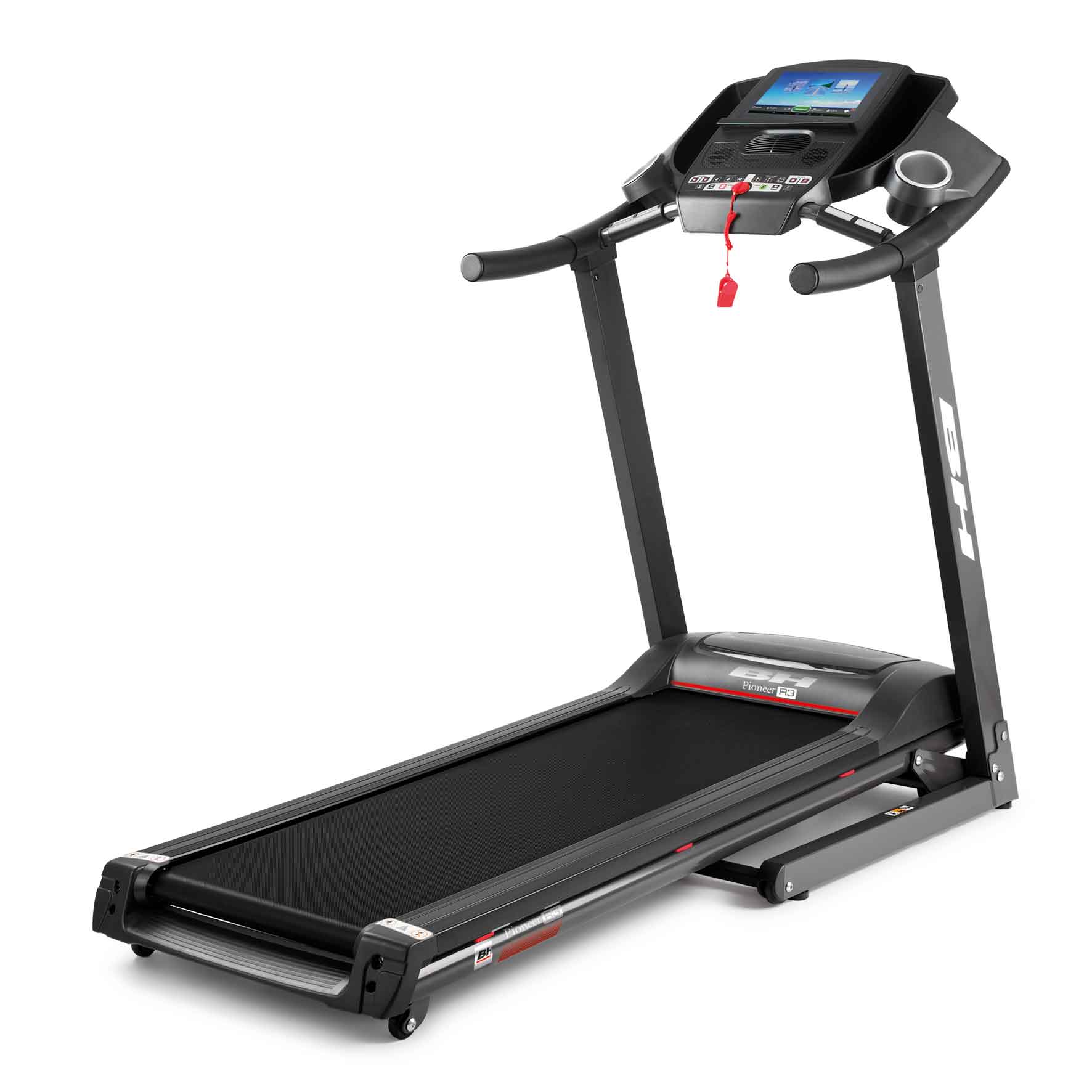 BH Fitness Pioneer R3 TFT, 115 kg, 1 km/h, 18 km/h, Kalorien, Distanz, Herzfrequenz, Abweichung, Geschwindigkeit, Zeit, Schwarz, Handgriffsensoren