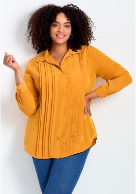 Plus Size Women's Pleated Button Down Shirt by Avenue in Rich Gold (Size 18)