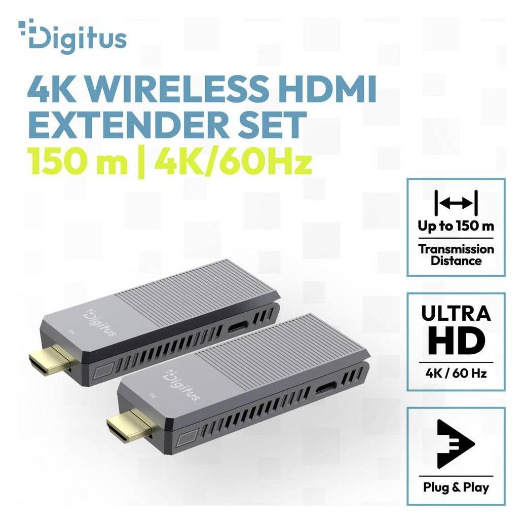 Digitus 4K Wireless HDMI Extender Set, 100/150 m HDMI - HDMI, 4K/60 Hz (150 m, HDMI 2.0) (DS-55359)