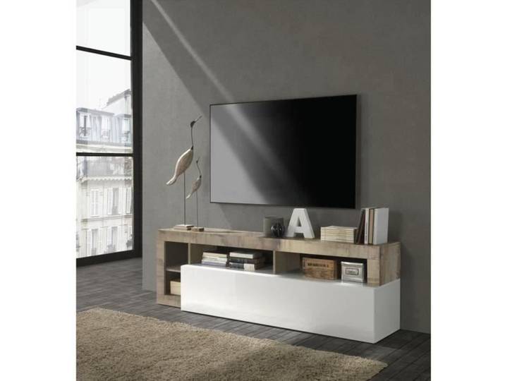 Meuble TV 1 porte - Finition Blanc Laqué et Effet Bois Vintage - L 184 x P 42 x H 56 cm - MAESTRO