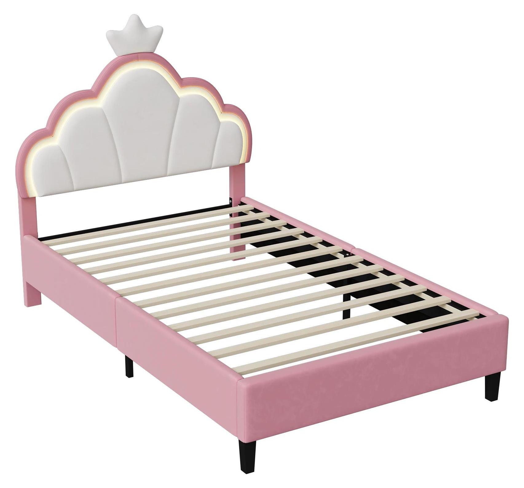 Kinderbett für Mädchen - Polsterbett 90 x 200 cm - Prinzessinnenkrone mit LED - Kopfteil und Lattenrost - Holzgestell - Rosa