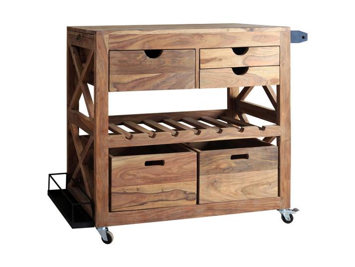 Livetastic Barwagen, Braun, Holz, Sheesham, massiv, 5 Schublade(n) Schubladen, rechteckig, 43x97x85 cm, Handmade in India, mit Flaschenhaltern, Esszimmer, Servierwagen