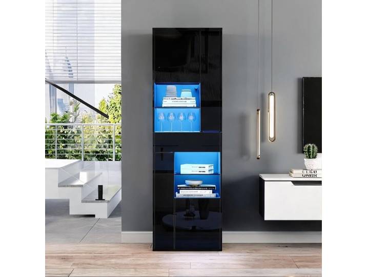 Grande vitrine noire 170 cm en panneaux de particules 11 compartiments 1 tiroir LED
