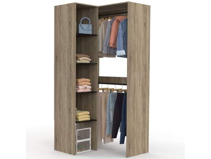 IDMarket - Modularer Eckkleiderschrank B. 90/127 cm MELMAN doppelter Kleiderschrank + Regale aus Holz und Schwarz