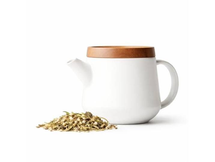 Point-Virgule theepot met filter uit RVS met deksel, onderzetter uit acacia, wit, 600ml