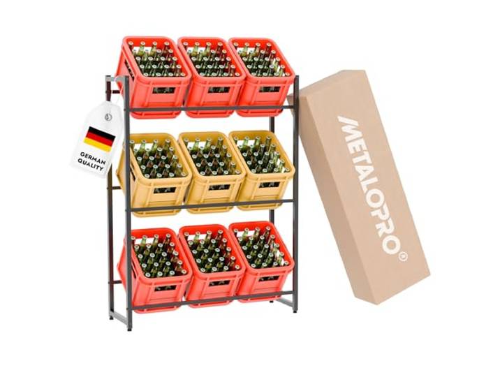 MetaloPro Getränkekistenregal Depot für 9 Kisten, 105x32x137 cm, Schwarz Kistenregal für 9 Getränkekisten, verstellbare Möbelfüße, pulverbeschichtet, für Keller, Garage und Küche, Made in Europe