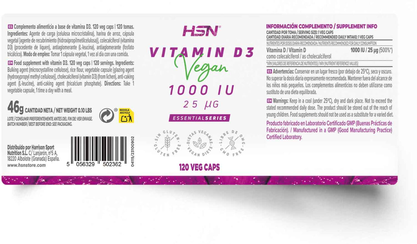 HSN Vitamina D3 vegana 1000UI - 120 veg caps - Pele, cabelo e unhas - Cápsulas Vegetales - 120 Serviços