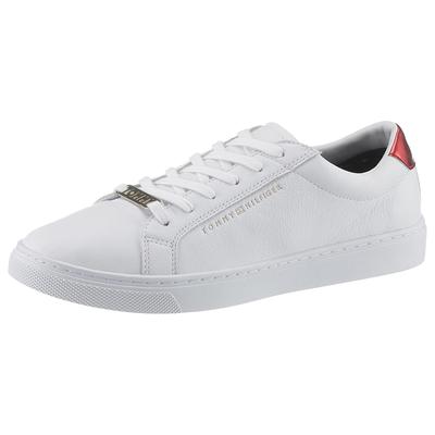 Sneaker TOMMY HILFIGER "ESSENTIAL SNEAKER", Damen, Gr. 42, Textil, weiß, Leder, Schuhe Sneaker, Freizeitschuh, Halbschuh, Schnürer, Kontrastbesatz an der Ferse