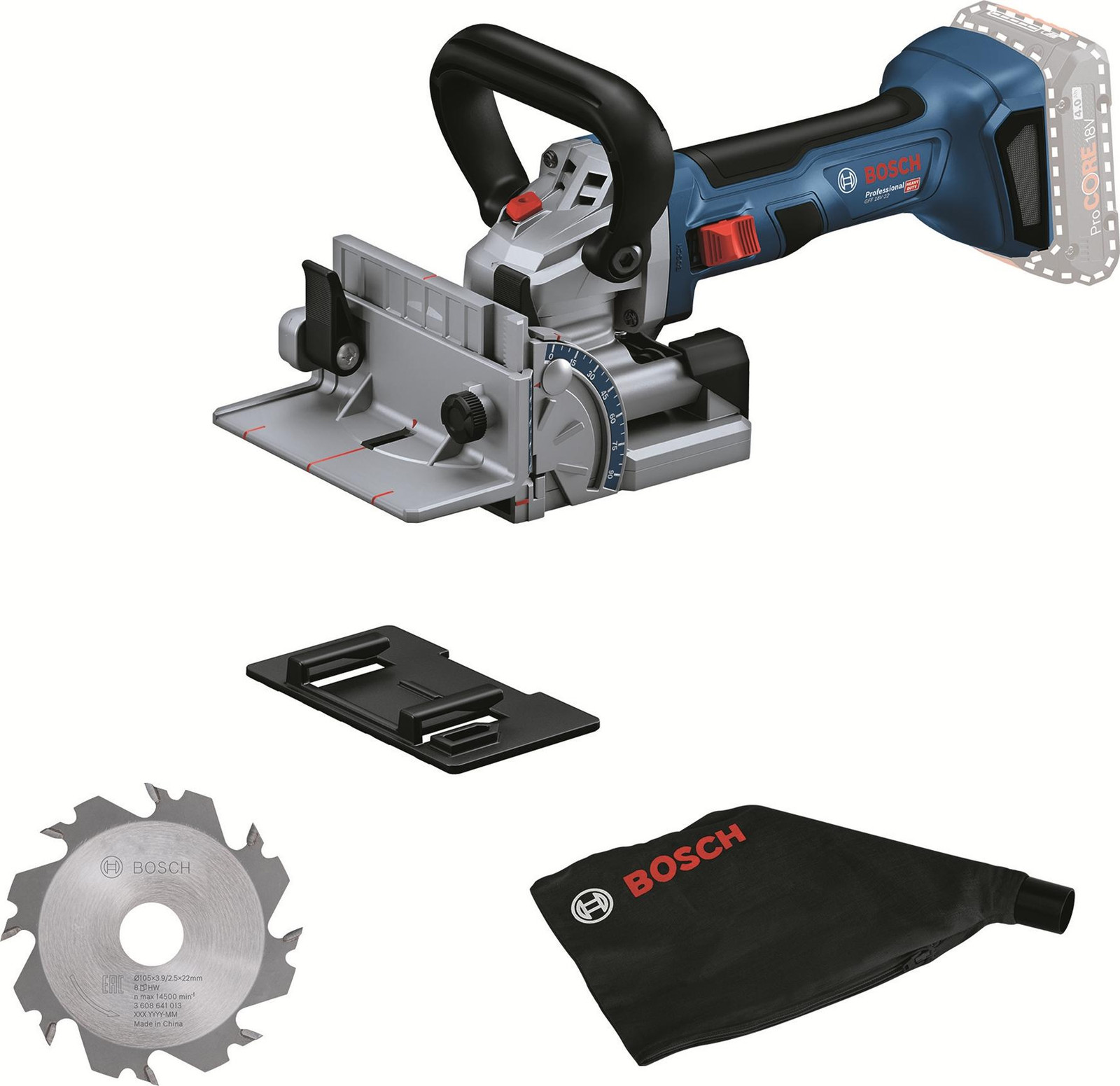 Bosch Professional 18V System acculamellenfreesmachine GFF 18V-22 inclusief schijffrees Ø 105 mm, stofzak, opsteekplaat en nokkensleutel