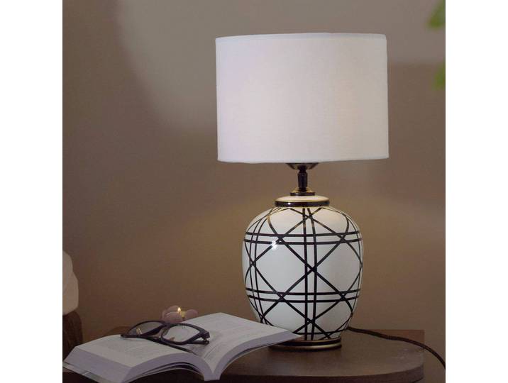PR Home Tischlampe New York, weiß / opal, für Wohn- / Esszimmer, Textil / Stoff / Seide, Tischlampe