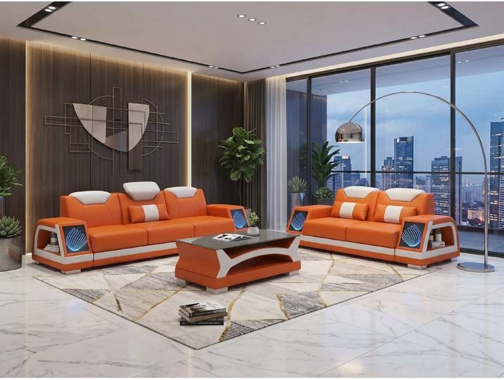 Xlmoebel Polstergarnitur Wohnzimmer Sofa Set 3-Sitzer 2-Sitzer Orange Weiß LED Couch Design *, (Sofa-Set, 2-tlg., 2-tlg), Mit Kissen, Stauraum, LED