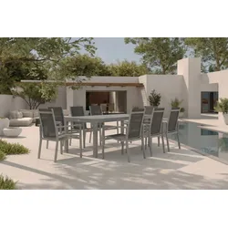 OUTFLEXX Premium Garten-Essgruppe, silber/grau, Alu/Textilene, Ausziehtisch 180/240 x 100 cm, 8 Stapelsessel