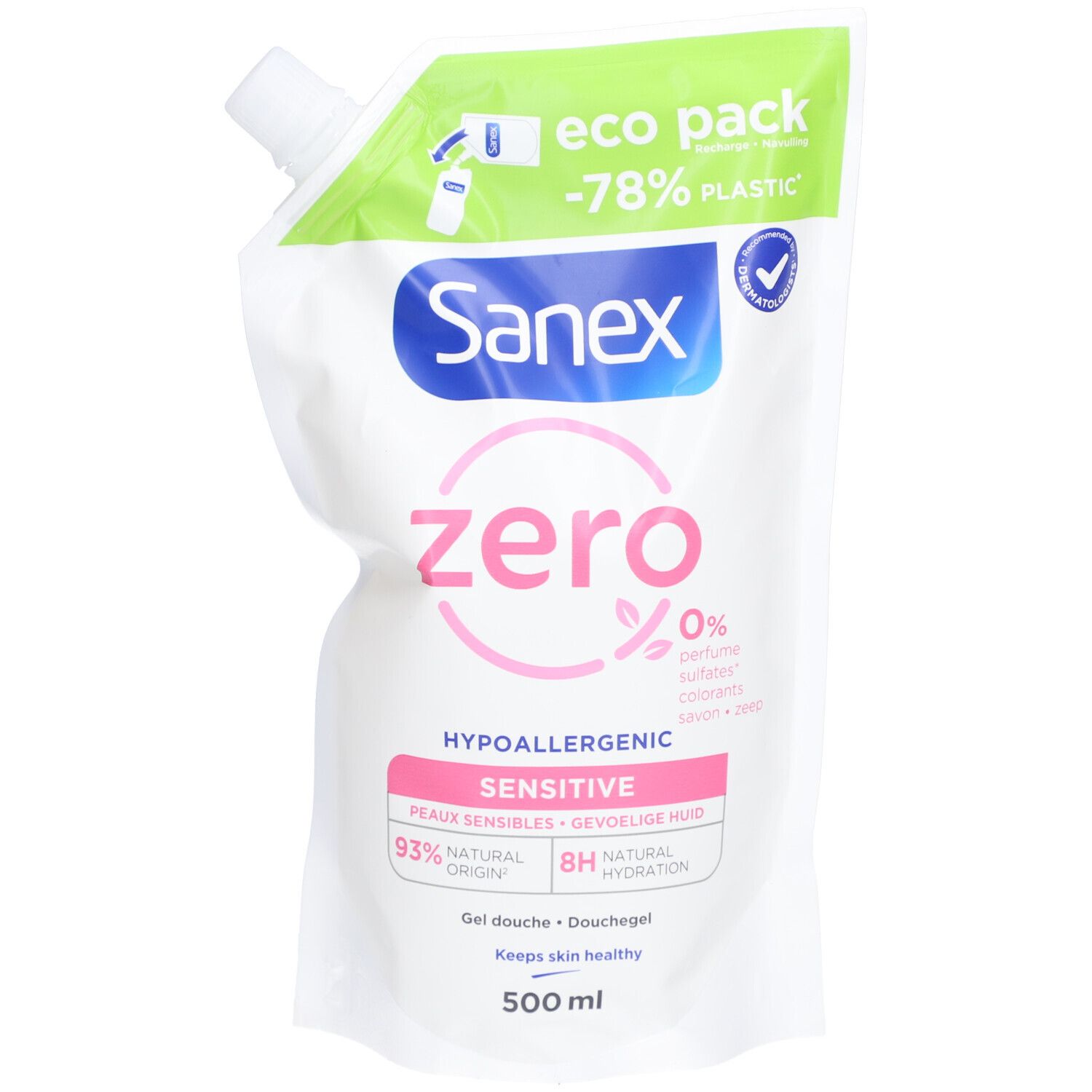 Sanex Zero% Sensitive & Hypoallergenic Douchegel voor Gevoelige Huid - Navulling 500ml 500 ml Duschgel