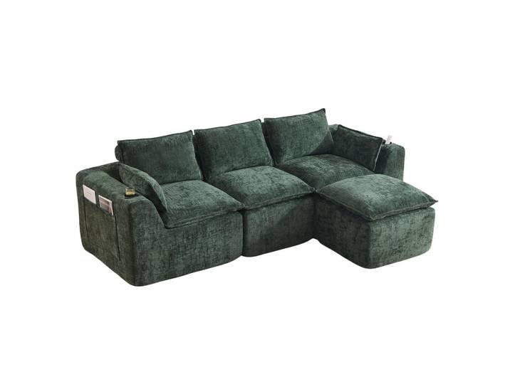 Urban Meuble 3-Sitzer-Sofa aus chenille, mit fußhocker und getränkehalter, Grün, L-Form, 256x75x161 cm, Wohnzimmer, Sofas & Couches, Sofas, 3-Sitzer Sofas