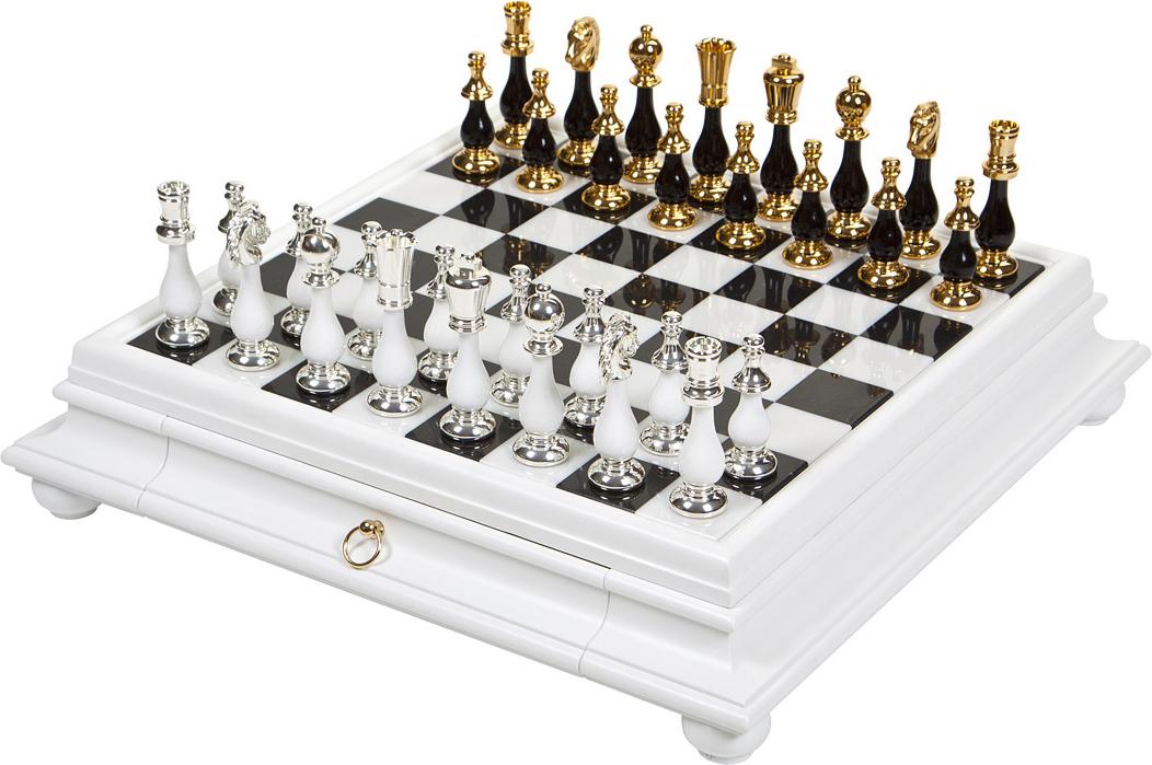 Italienisches Schachbrett Marmor/Holz 46+Schachfiguren Messing/Buche Gold/Silber