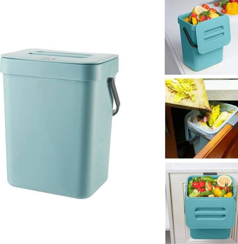 Mcstar Kleine compostbak voor in de keuken, blauwe afvalbak voor op het aanrecht met deksel, 5 liter