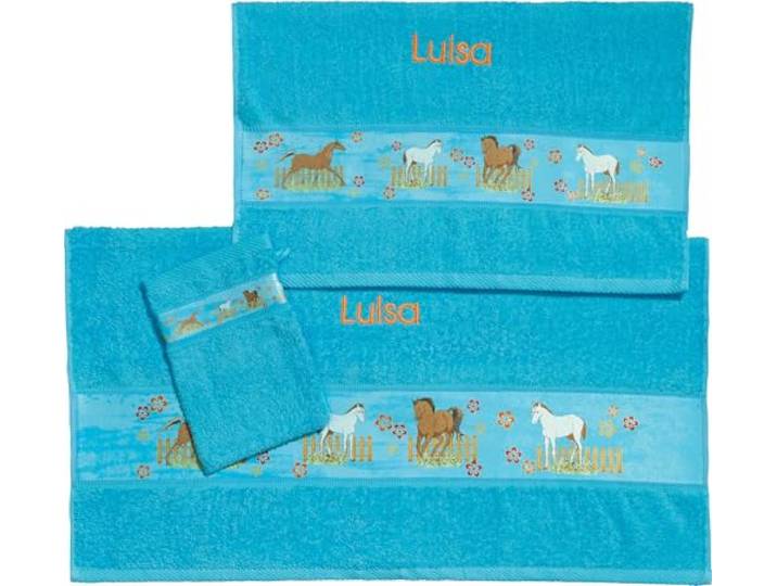Erwin Müller Kinder-Handtuchset, Frottier-Set 3-TLG. mit Namen personalisiert türkis Größe 70x110 cm + 50x70 cm + 15x21 cm, saugstark, 1 Handtuch, 1 Badetuch, 1 Waschhandschuh - 100% Baumwolle