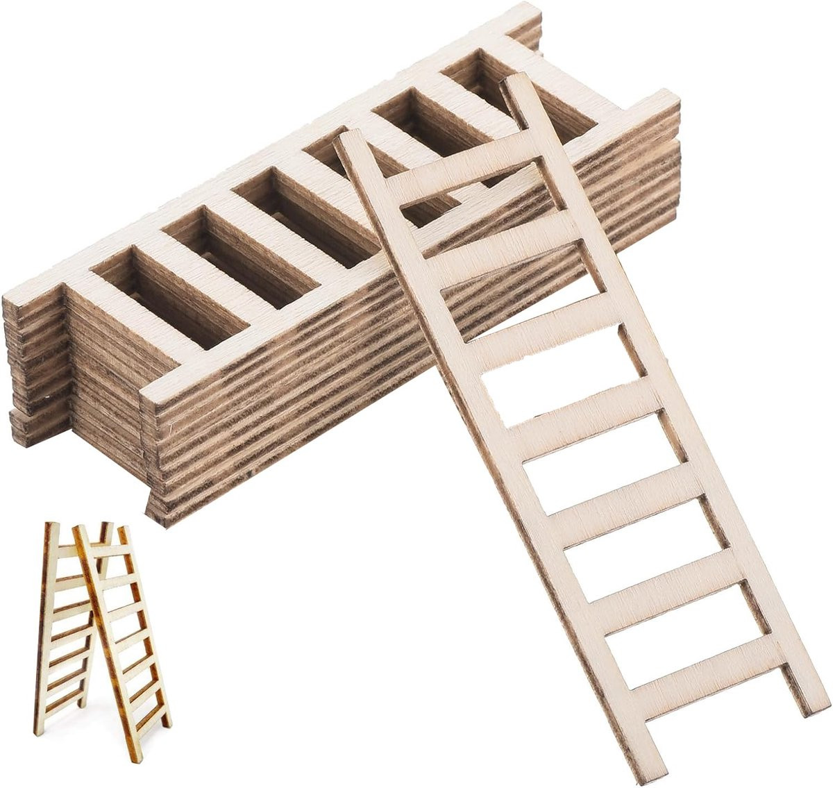 Set van 10 mini houten ladders in houtkleur voor decoratie en doe-het-zelf projecten