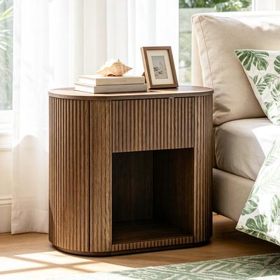 Uixe Modern Fluted Solid Wood Nightstand With Drawer Open Storage