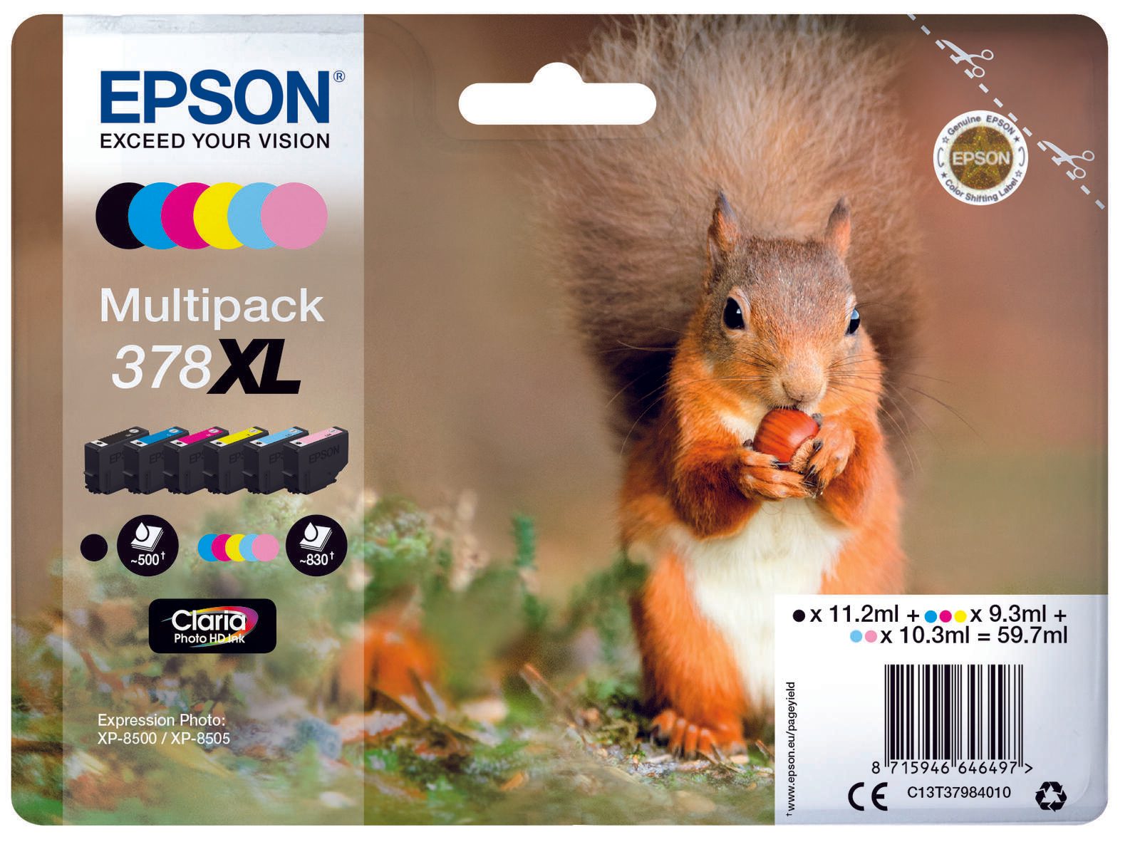 Epson Original 378XL Eichhörnchen Druckerpatronen 6er Multipack schwarz, cyan, cyan hell, magenta, magenta hell, gelb C13T37984010