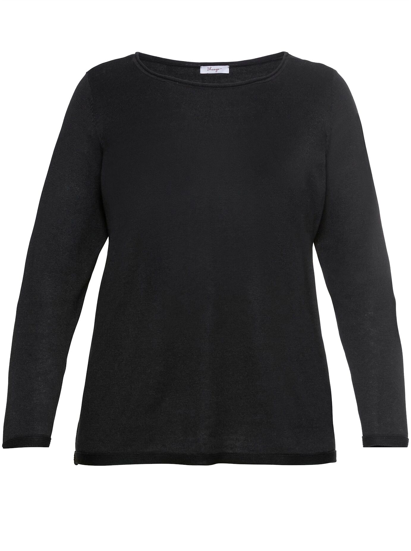 Rundhalspullover SHEEGO "Rundhalspullover", Damen, Gr. 44/46, schwarz, 70% Viskose, 17% Leinen, 13% Polyester, unifarben, Pullover Rundhalspullover schwarz 44/46