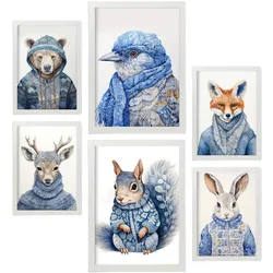 POSTER Set Mit 6 Tiere In Winterkleidung A3 & A4 Weißer Rahmen
