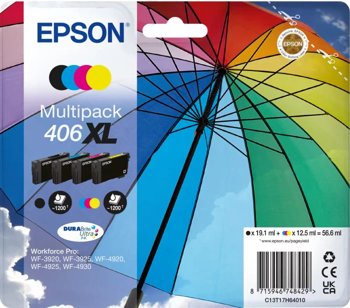 EPSON 406XL Multipack Umbrella DURABrite Ultra EasyMail schwarz, cyan, magenta, gelb Druckerpatronen, 4er-Set