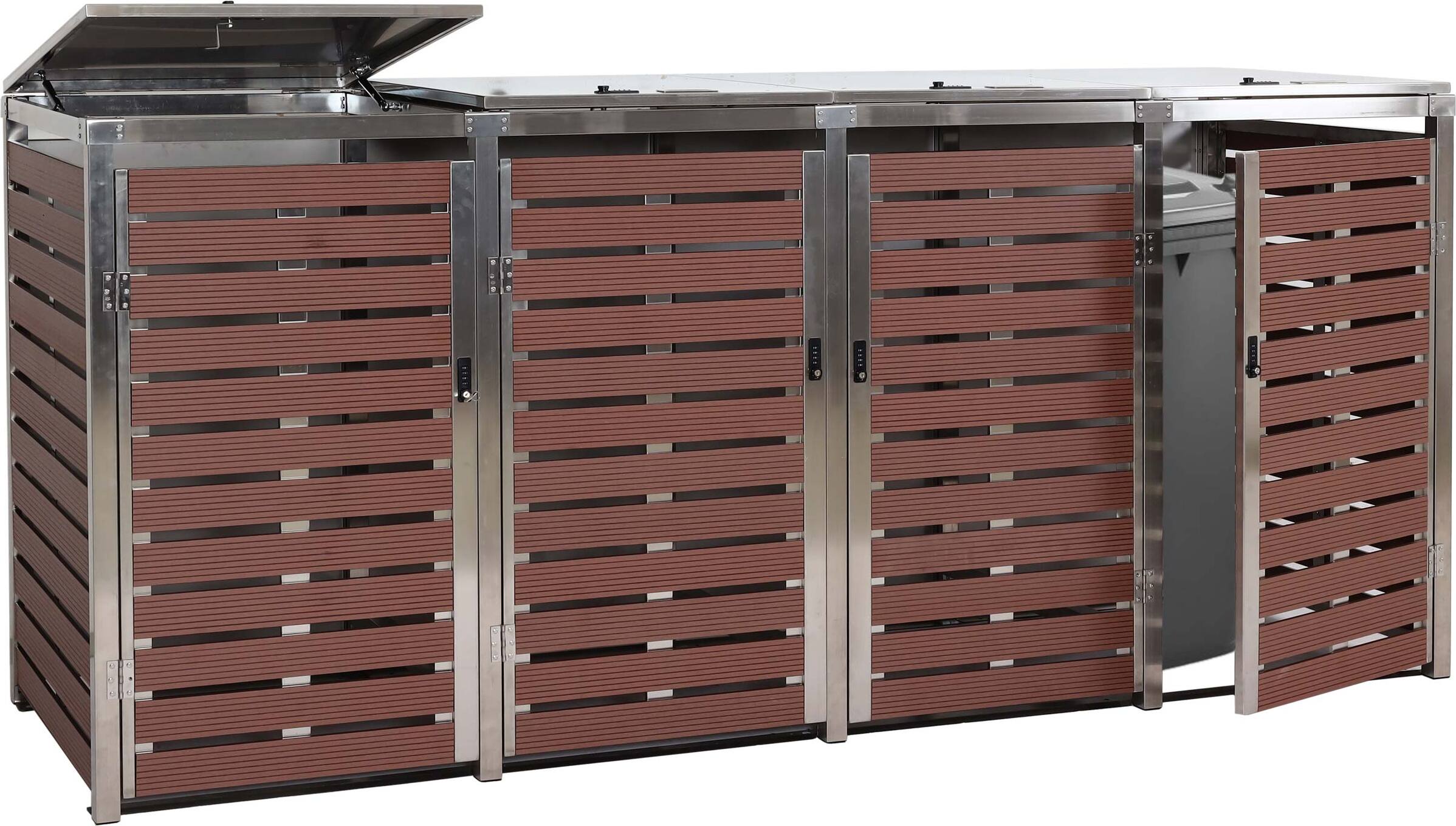 4er Mülltonnenverkleidung MCW-K14, Mülltonnenbox, 120x264x85cm WPC Edelstahl 128kg Walnuss-Holzoptik