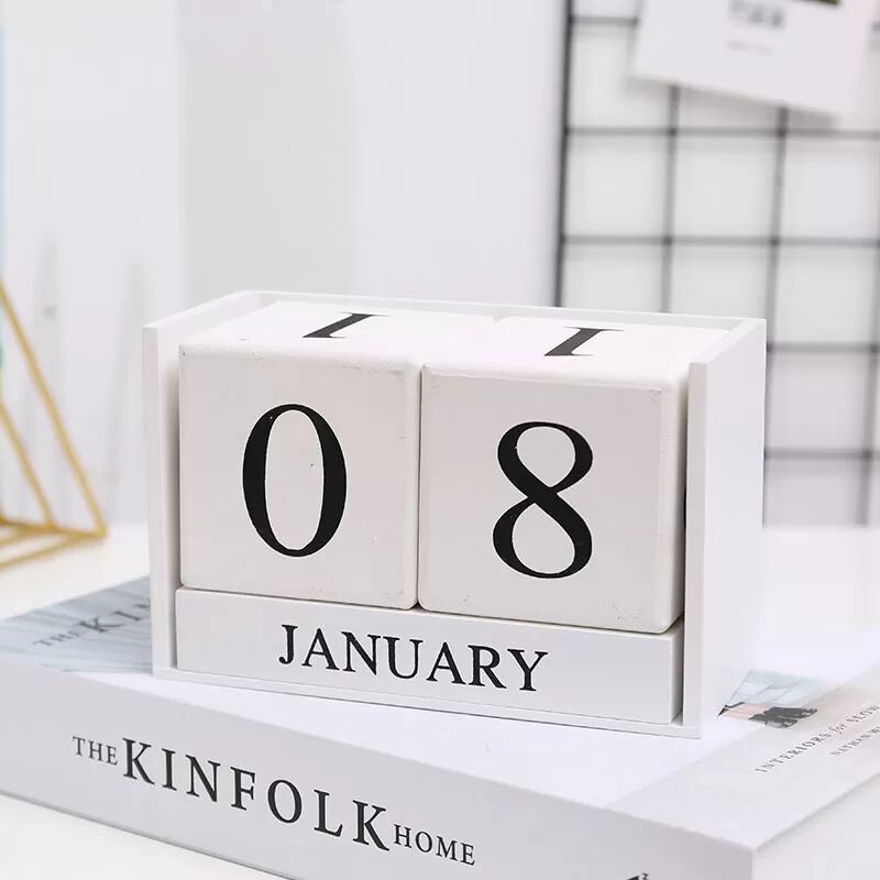 INF Holz Kalender Ewiger Schreibtisch Dekor Weiß
