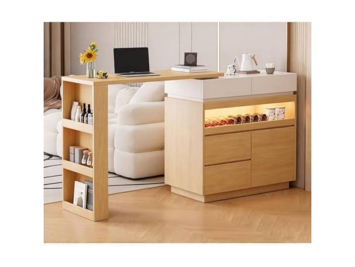 Ausziehbarer Bartisch Sideboard Kombi Raumteiler für Kleine Wohnung Konsolenschrank mit Stauraum für Wohnzimmer Balkon Sofaseite Wandnah(Oak)