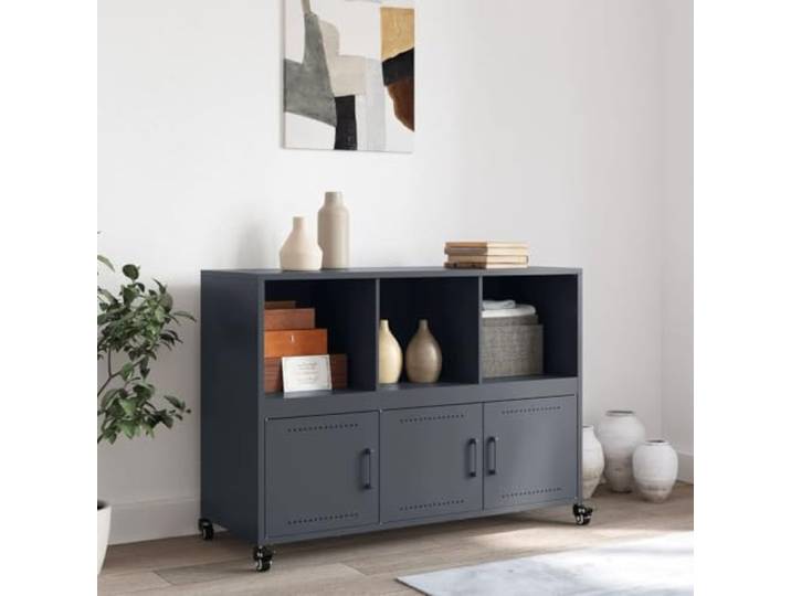 KTHLBRH Anrichte Anthrazit 100,5 x 39 x 72 cm Stahl 3 Türen 3 Fächer, 4 Rollen, leicht zu bewegen, großer Stauraum, einfache Wartung